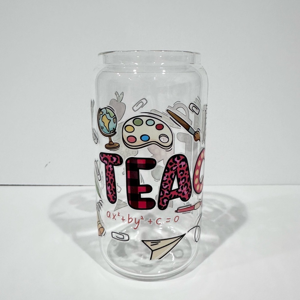 Clear Glass Teacher Tumbler with Colorful Design